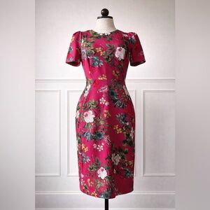 Calvin Klein Fitted Floral Midi Dress in Berry Pink